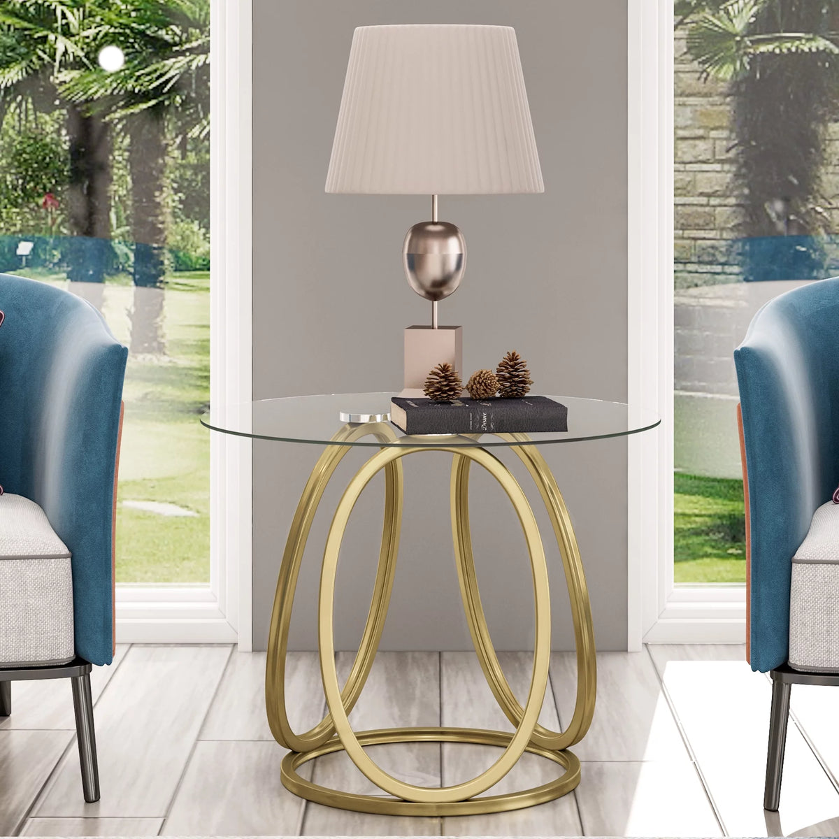 Modern Glass Round End Table with Gold Metal Frame H565019