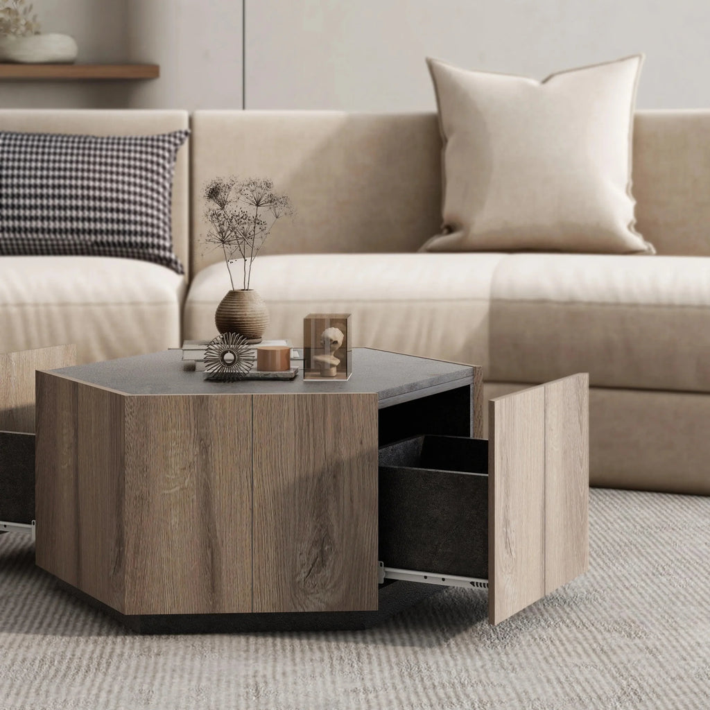 Hexagonal Coffee Table with 2 Drawers, Textured Black Warm Oak L97902