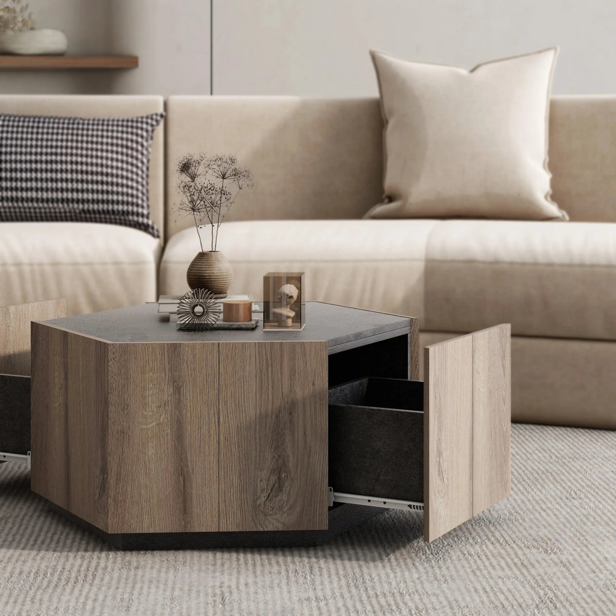Hexagonal Coffee Table with 2 Drawers, Textured Black Warm Oak L97902