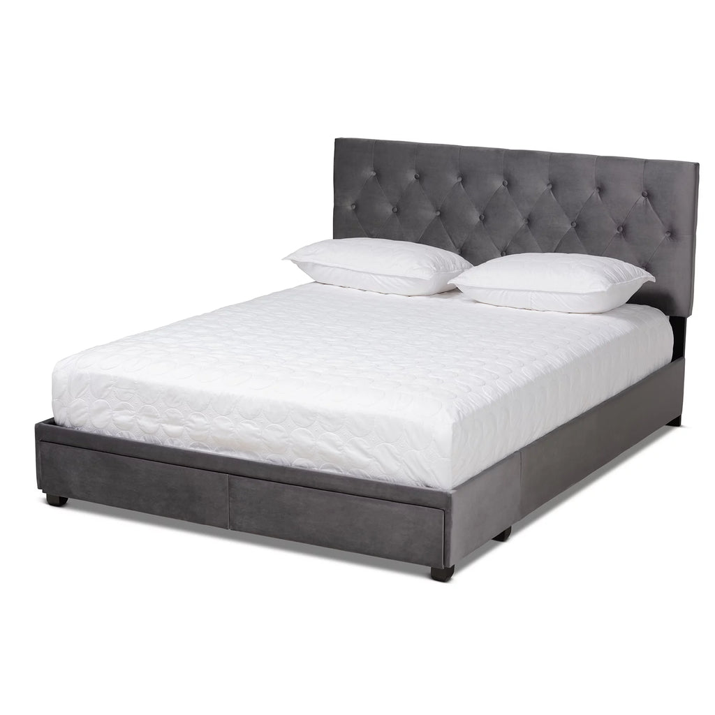 Grey Velvet Upholstered 2-Drawer King Size Platform Storage Bed Y469305