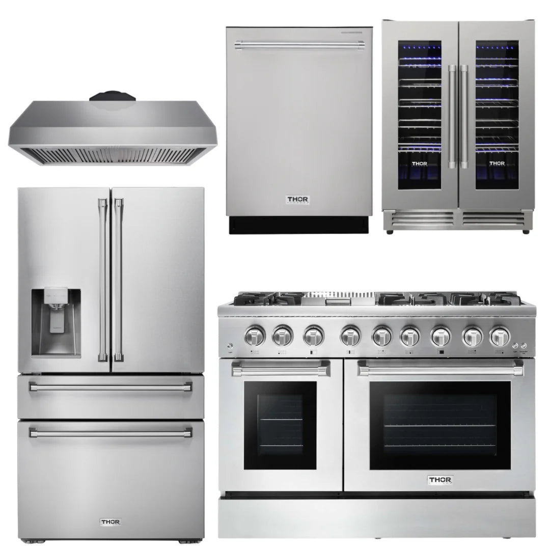 48 Propane Dual Fuel Range, Range Hood, Refrigerator, Dishwasher, Wine Cooler W855