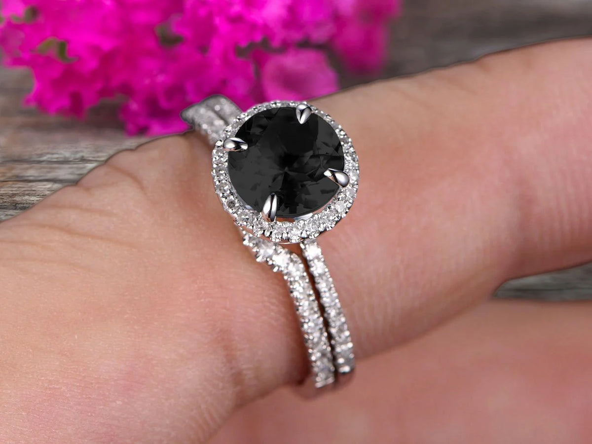 2.25 Carat Black Diamond Moissanite Engagement Ring Set With Curved Diamond Matching Band 10K White Gold Bridal Ring Set U66280
