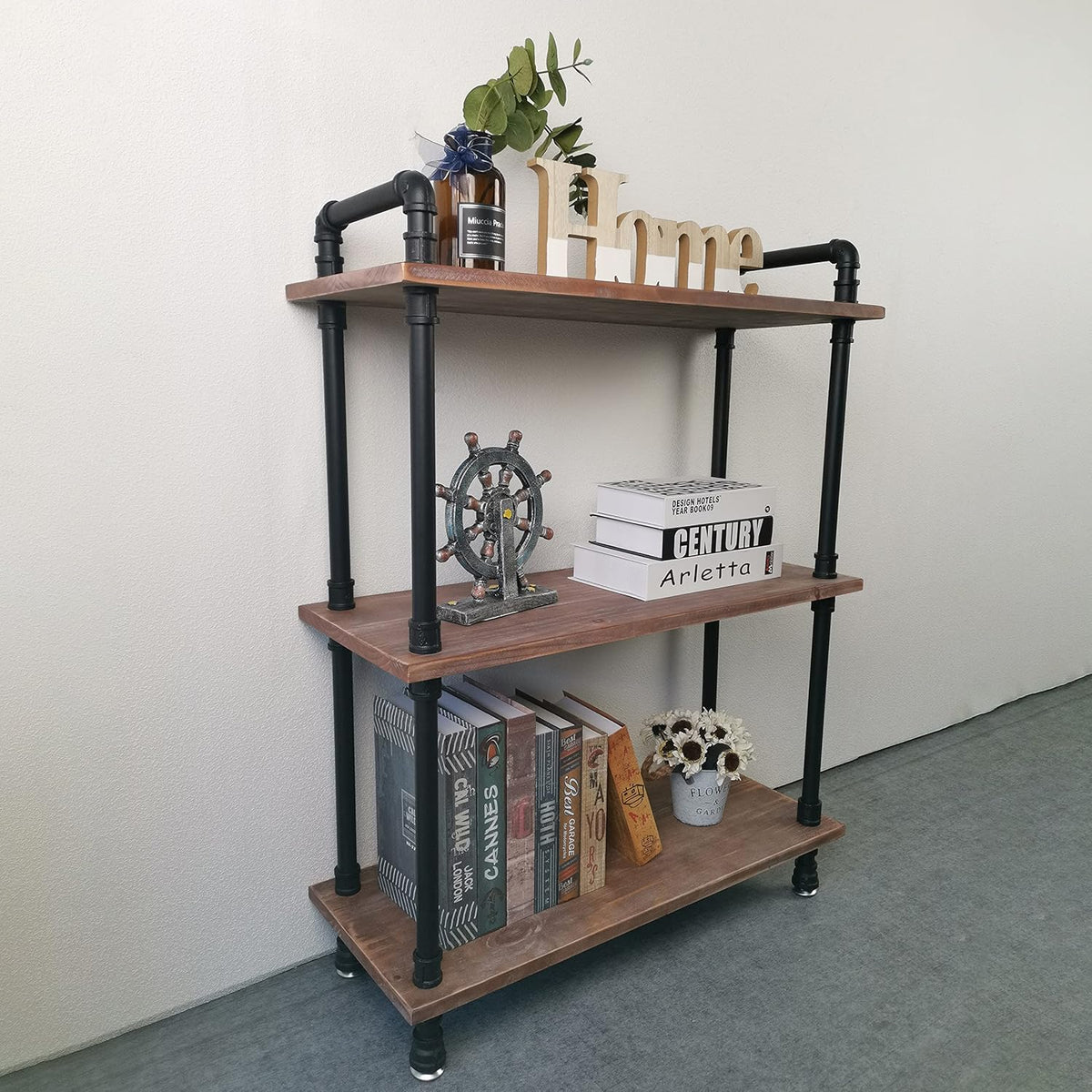 3 Tier Solid Wood Iron Pipe Bookshelf I3146