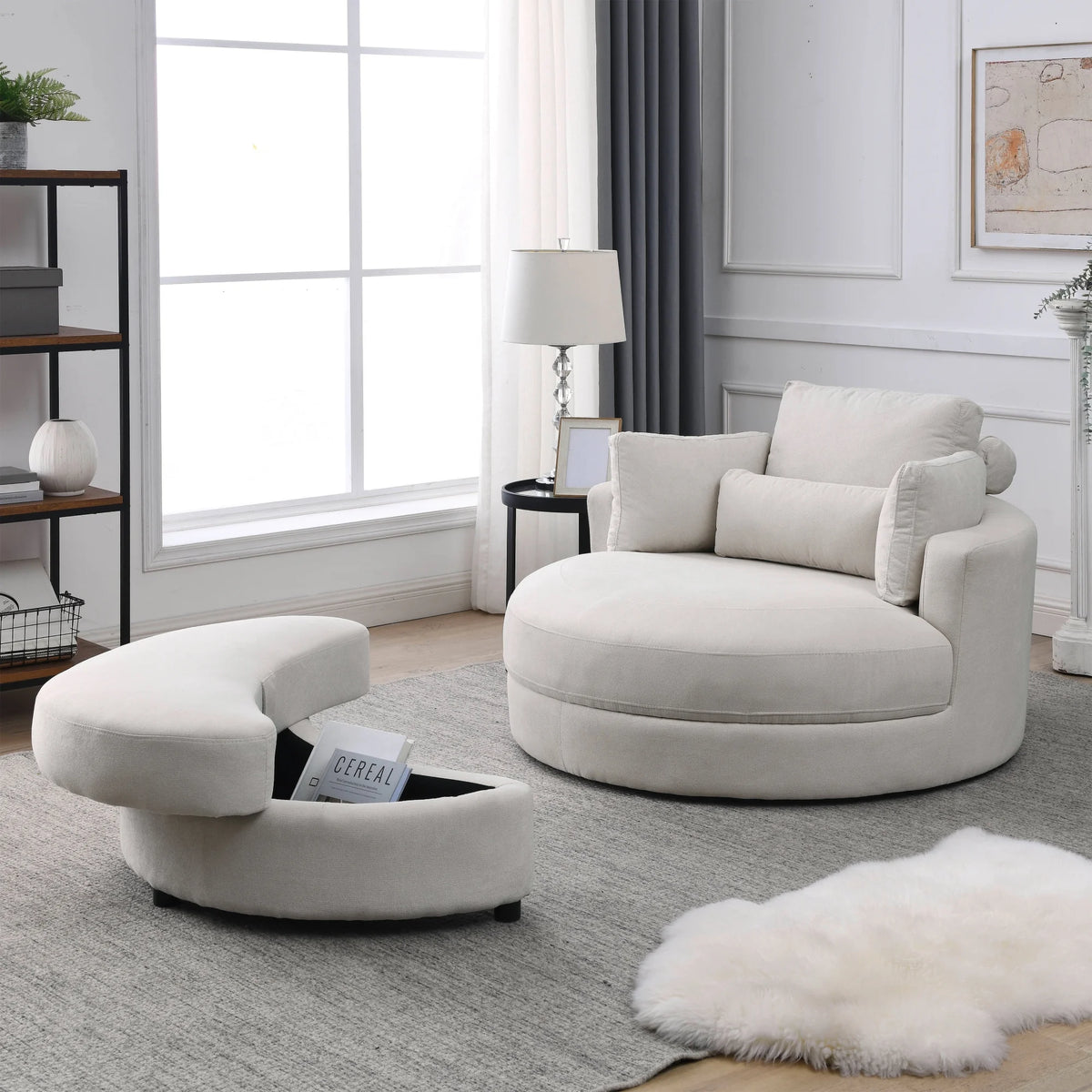 2PCS Linen Fabric Swivel Accent Barrel Chair with Storage Ottoman J7609