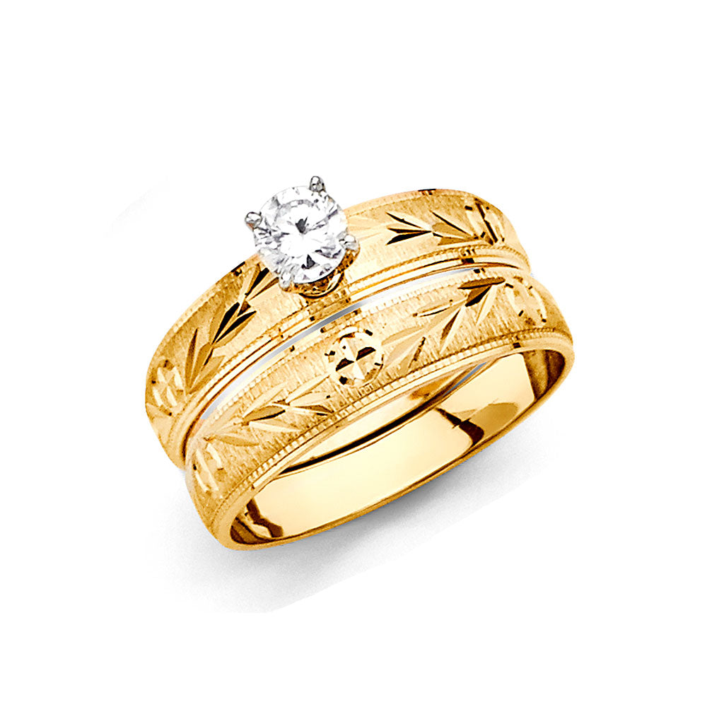 14k Yellow Gold CZ Engagement Ring + Wedding Band Bridal Set - Size 4 M7749