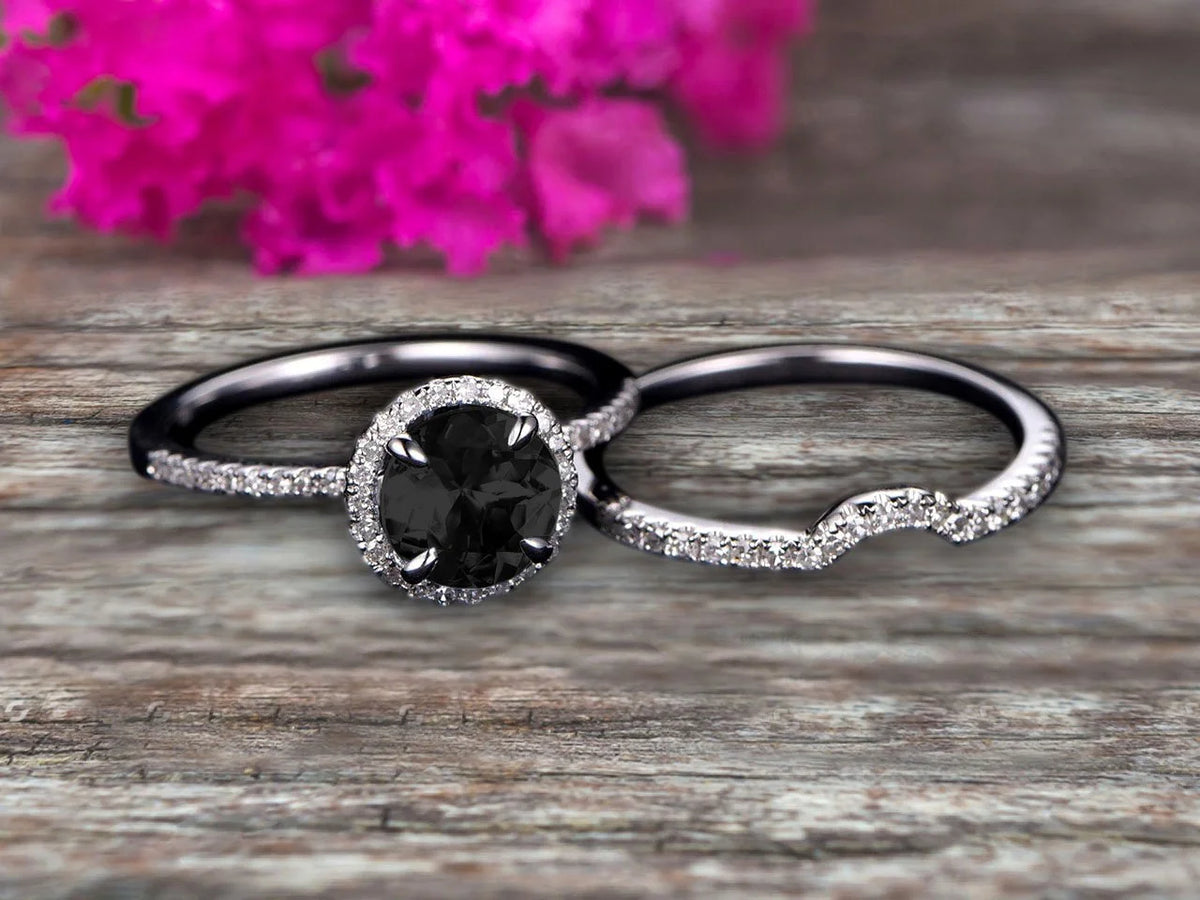 2.25 Carat Black Diamond Moissanite Engagement Ring Set With Curved Diamond Matching Band 10K White Gold Bridal Ring Set U66280