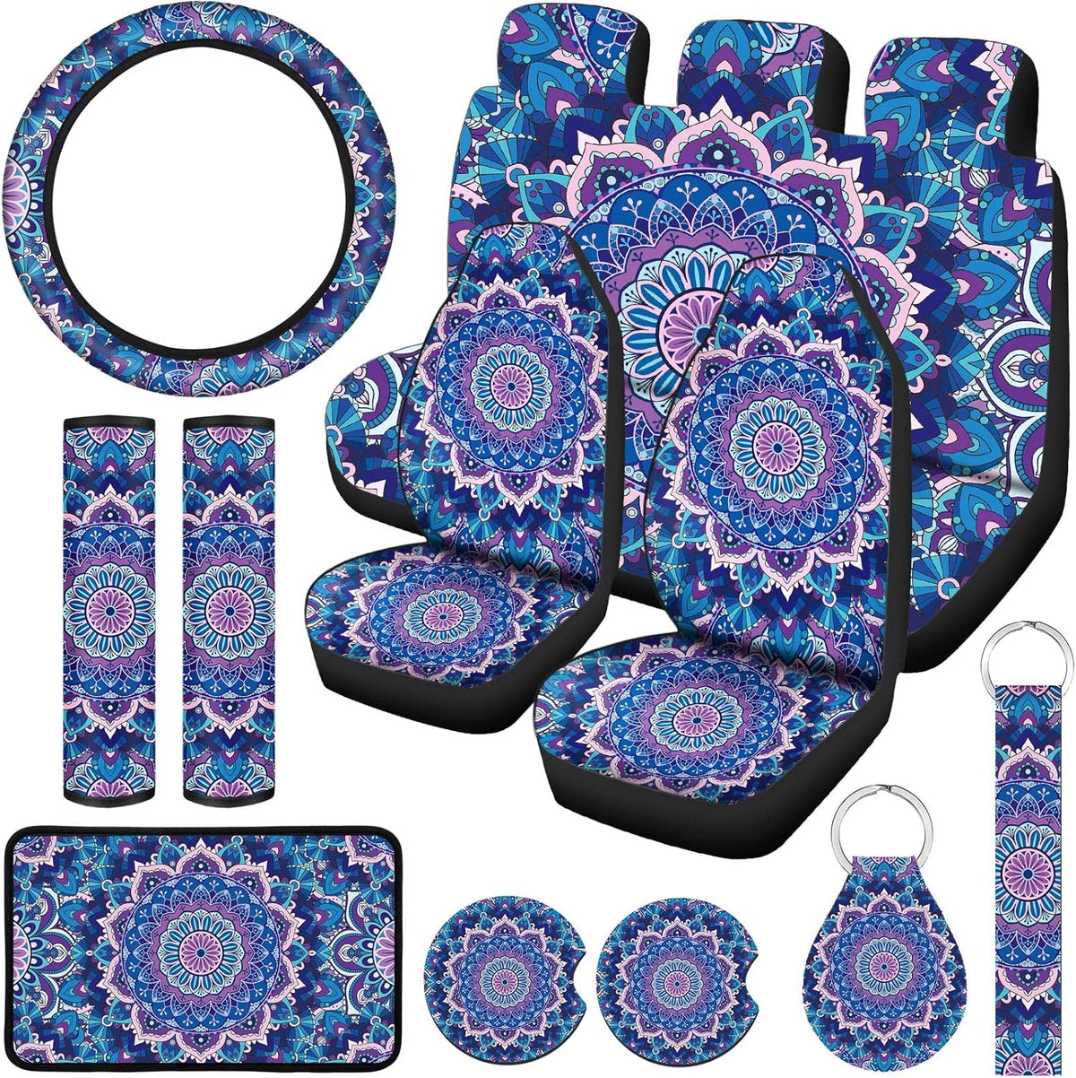 13 Pieces Purple Mandala Lotus Car Accessories Set A87860