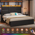 Queen Size Upholstered Platform Bed with LED Lights and Charging Station F2177