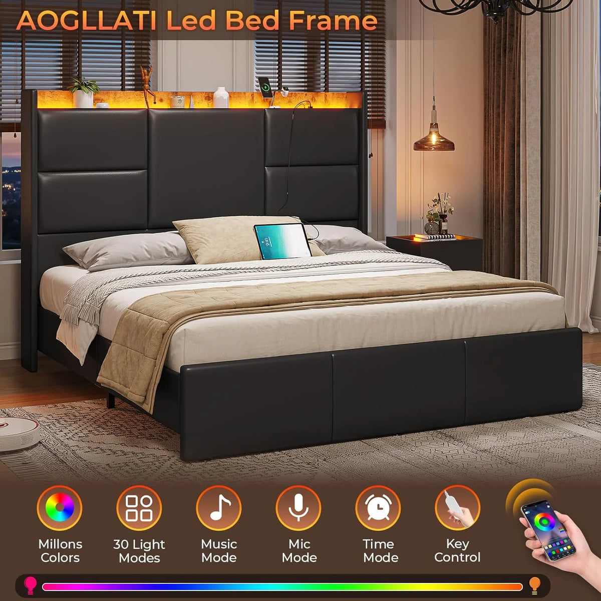 Queen Size Upholstered Platform Bed with LED Lights and Charging Station F2177