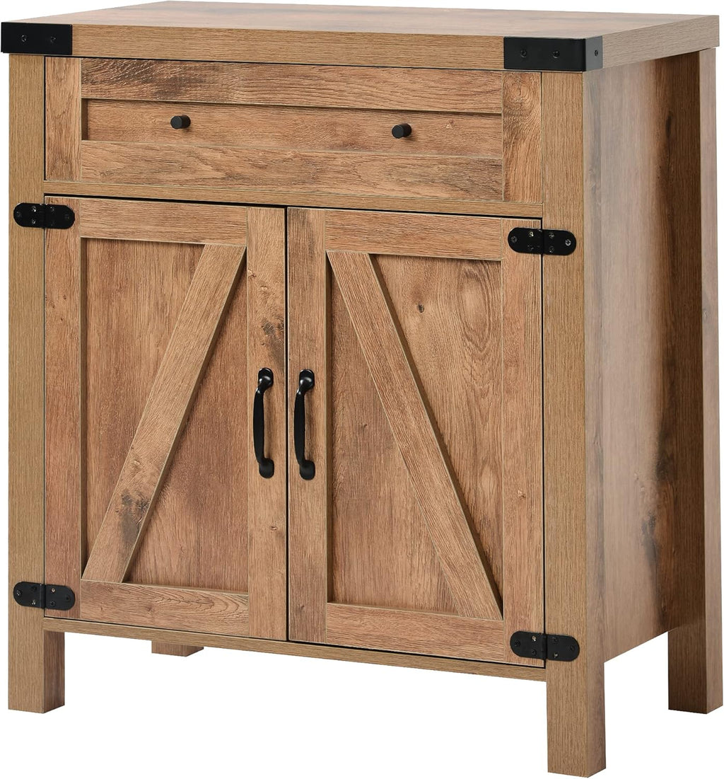 Farmhouse Barn Doors Storage Cabinet with Storage Drawer and Metal Handles, Dark Brown H620