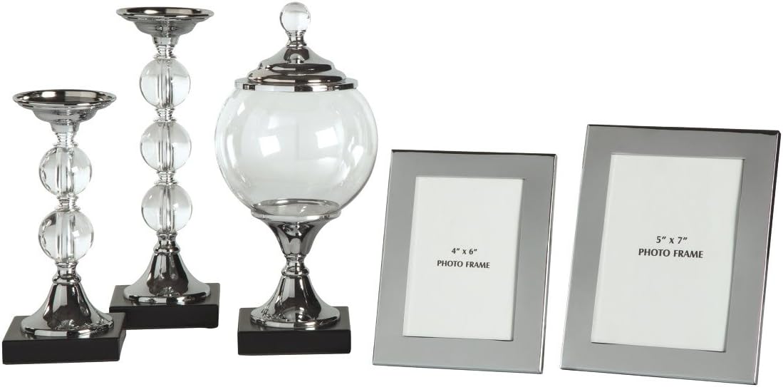 5 Piece Home Décor Set with Box, Candle Holders & Photo Frames, Silver Finish Z13539