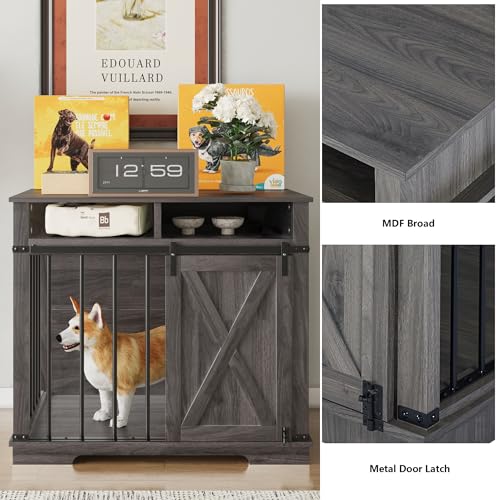 Large Double Dog Crate Furniture 72.4" Indoor Dog Kennel with Sliding Barn Door and Divider, Heavy Duty Dog Crate Wooden TV Stand Dog Cage with 2 Open Shelves, Grey V182595