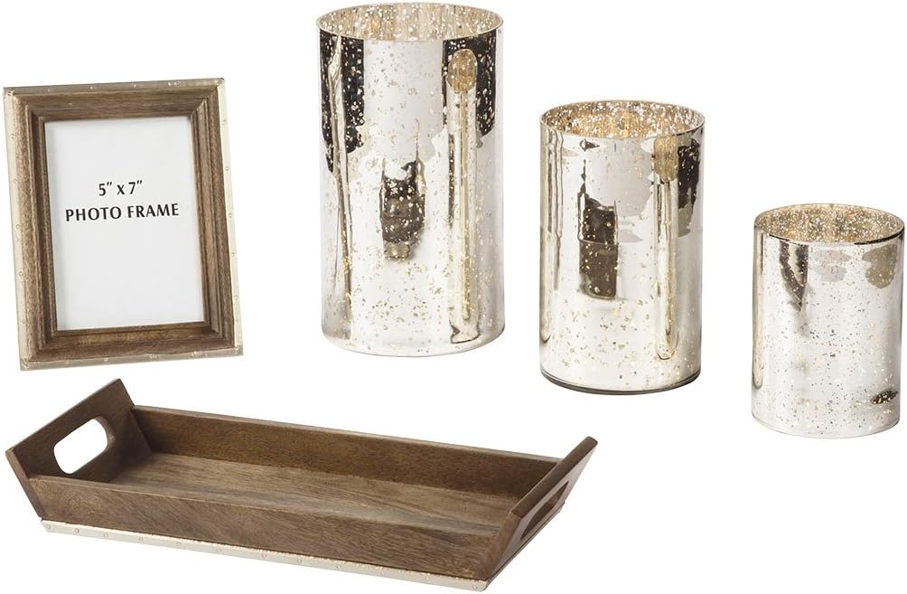 5 Piece Home Décor Set with Box, Candle Holders & Photo Frames, Silver Finish Z13539