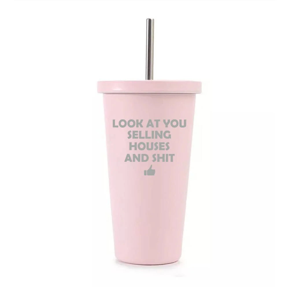 16 oz Stainless Steel Double Wall Insulated Tumbler Travel Mug With Straw Z6869