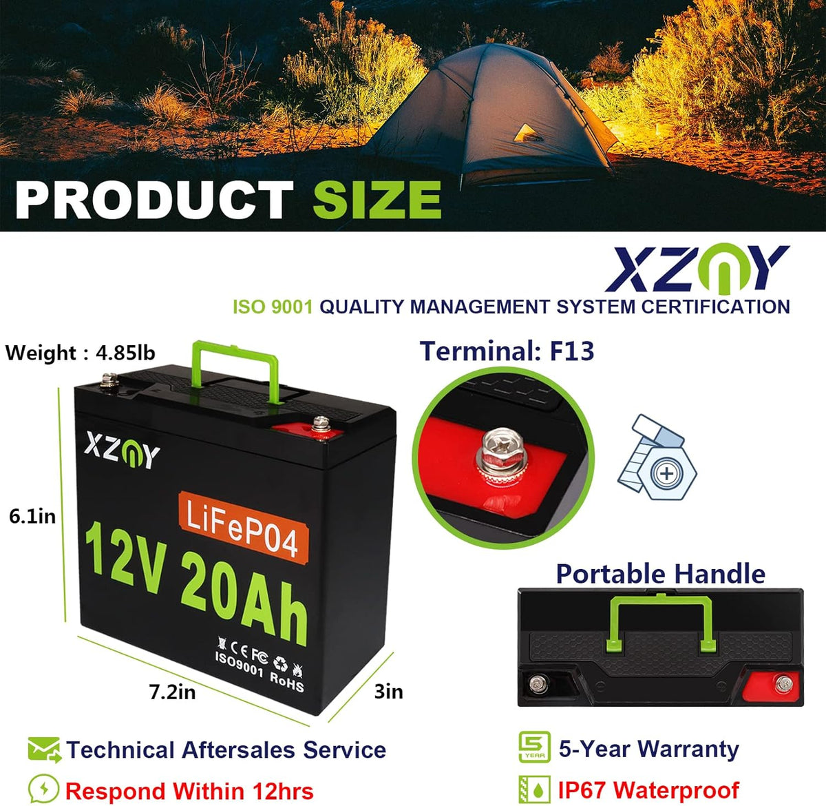 12V 20Ah LiFePO4 Battery with 20A BMS L4408