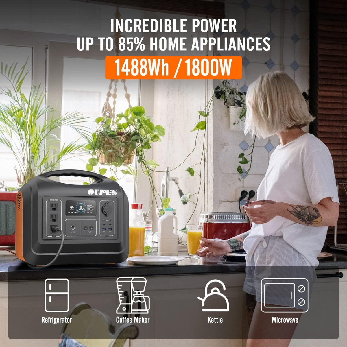 1488Wh 1800W Portable Power Station with 400W Solar Panel, LiFePO4 Battery Pack 3 AC Outlets T3666
