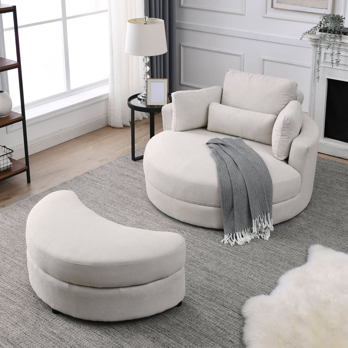 2PCS Linen Fabric Swivel Accent Barrel Chair with Storage Ottoman J7609