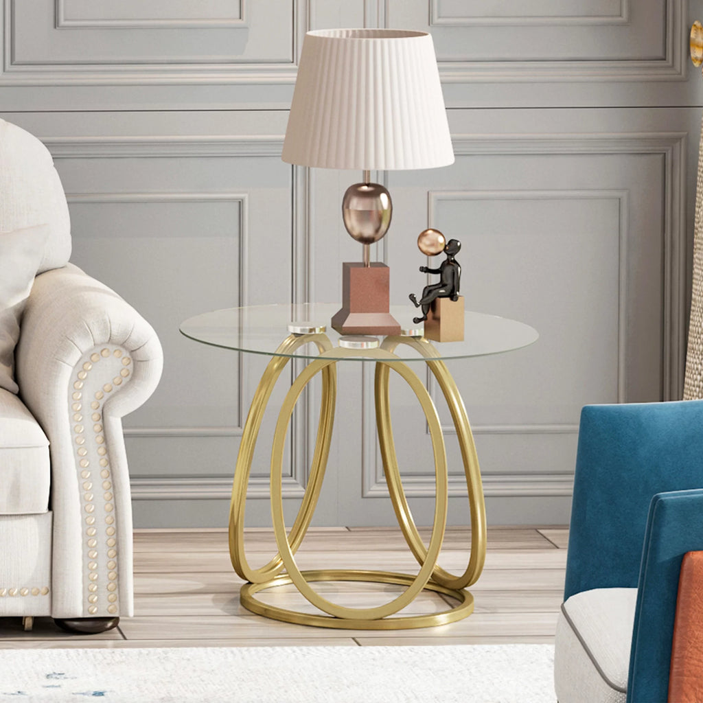 Modern Glass Round End Table with Gold Metal Frame H565019