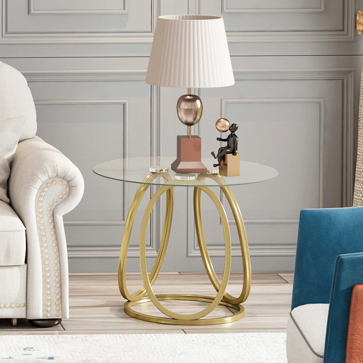 Modern Glass Round End Table with Gold Metal Frame H565019