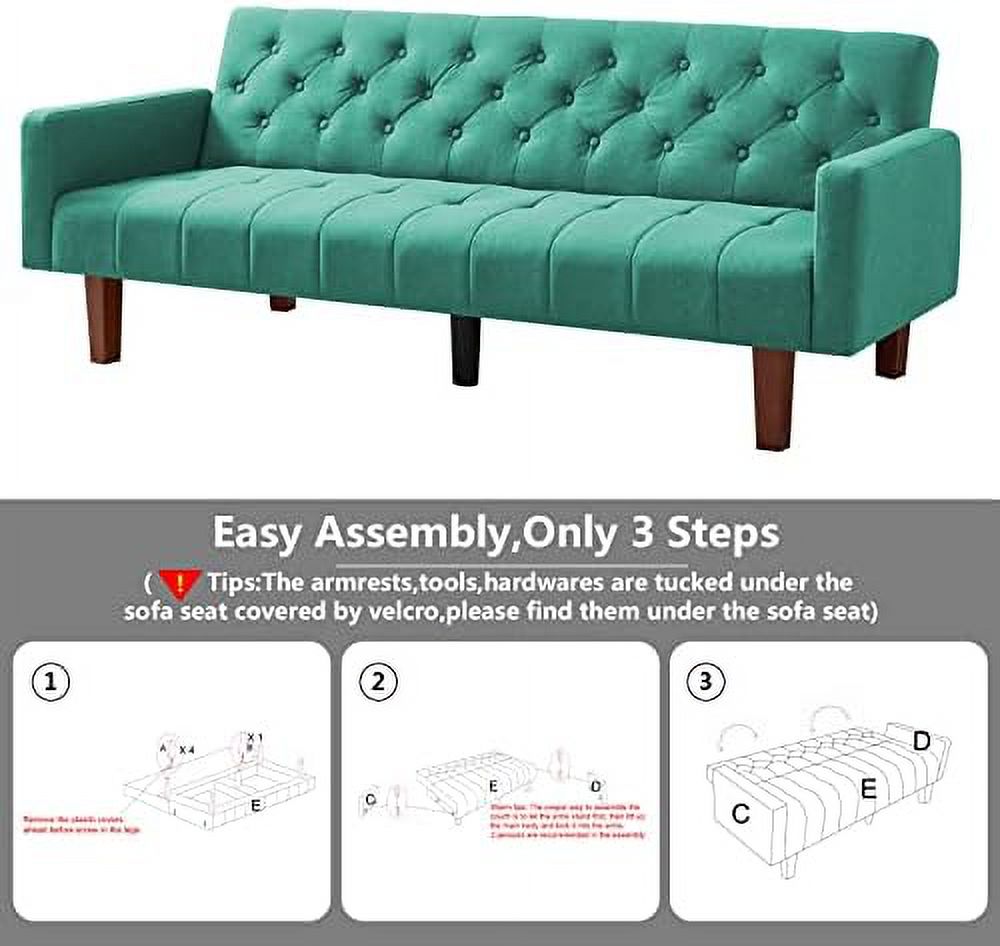 Beige Linen Upholstered Convertible Futon Sofa Bed 74" Tufted 3 Seater E39790