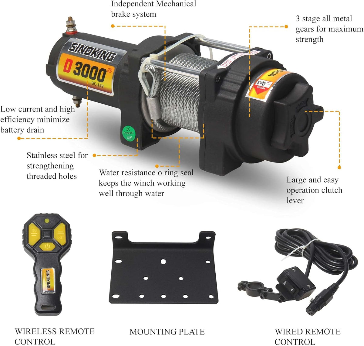 12VDC 3000LB UTV ATV Winch with Steel Cable Electric Winch Kit with Wireless Remote Control J64050