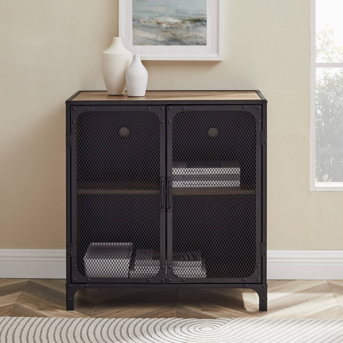 30x22 Rustic Oak Accent Cabinet with Mesh K194766