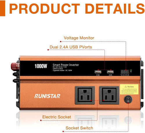 1000W Power Inverter DC 12V to 110V AC Car Inverter with Dual AC Outlets 2.4A USB and Dual 12V Car Cigarette Lighter Modified Wave Inverter Pack of 2 X4853