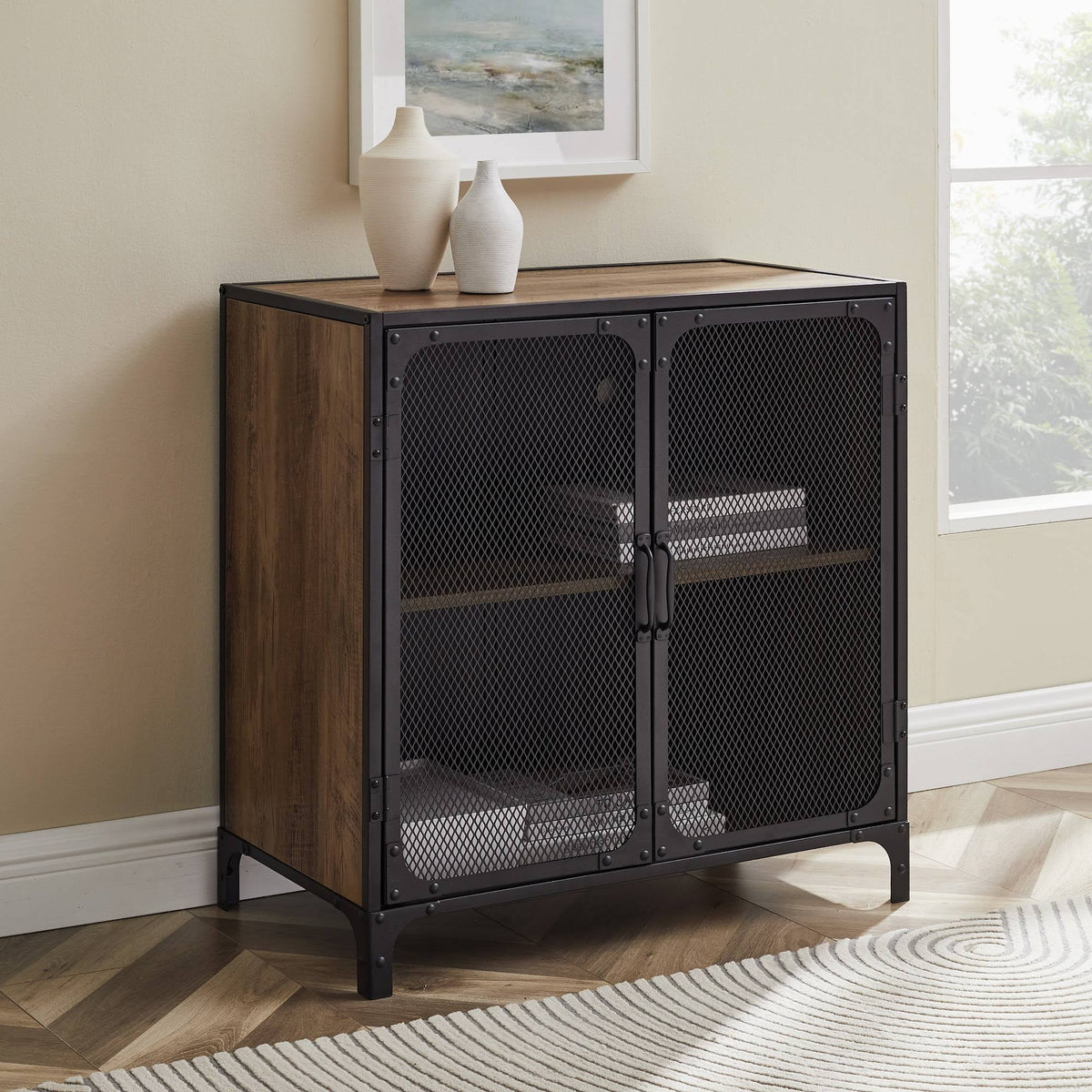 30x22 Rustic Oak Accent Cabinet with Mesh K194766