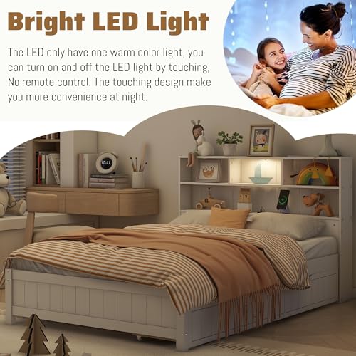 White Wood Twin Storage Bed with Bookcase Headboard and USB Charging Station J61591