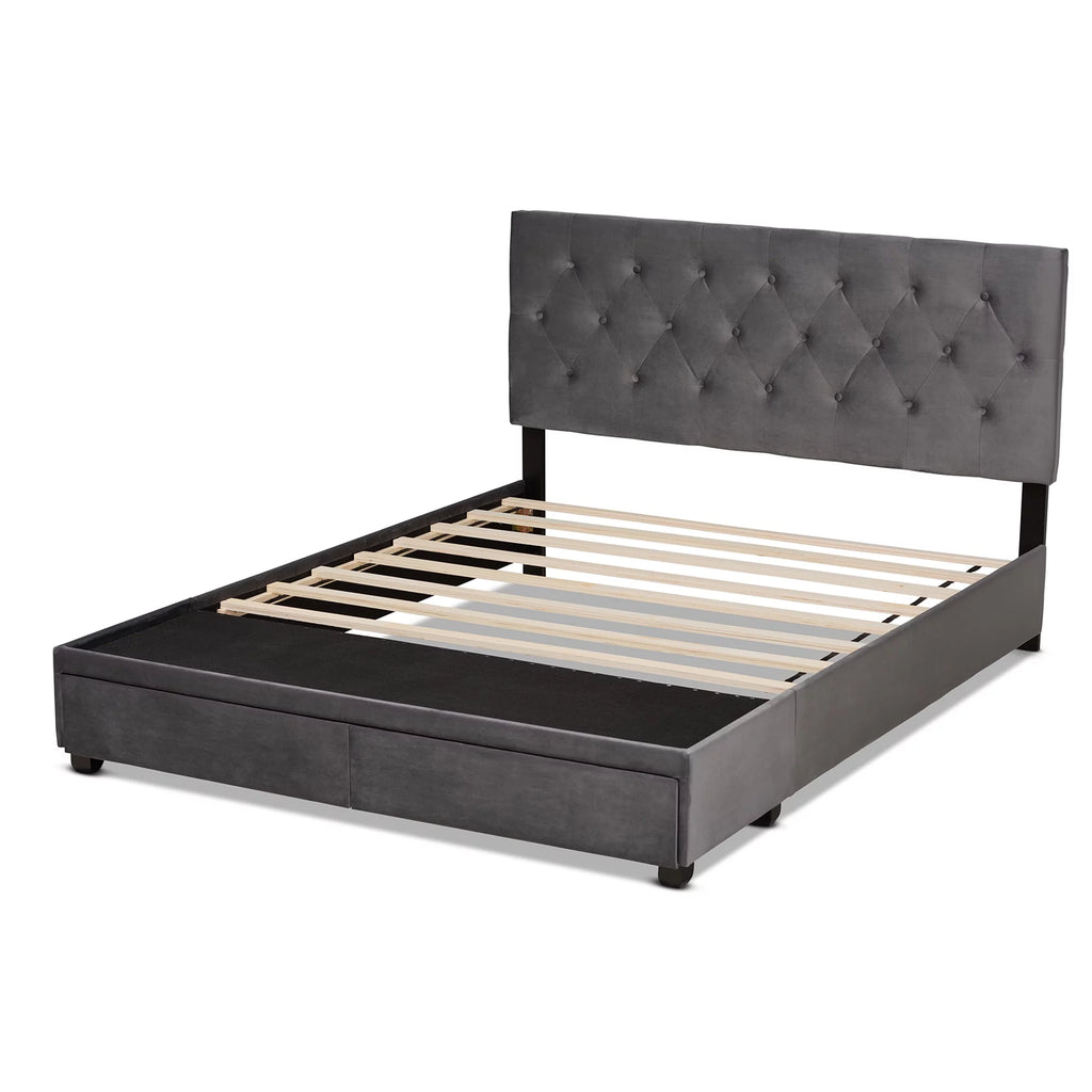 Grey Velvet Upholstered 2-Drawer King Size Platform Storage Bed Y469305