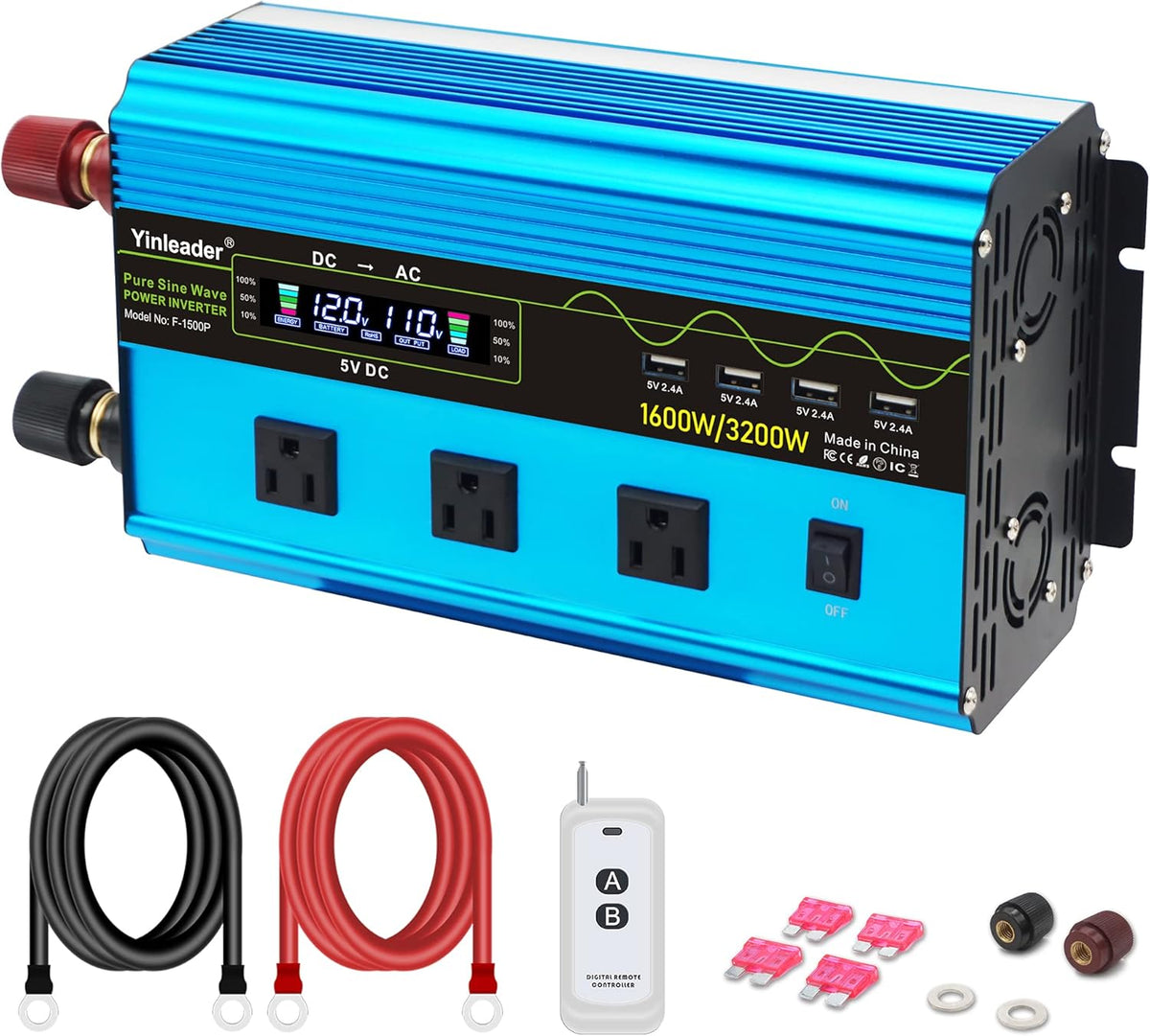 1000W Pure Sine Wave Car Power Inverter Dual AC Outlets Dual USB Charging Ports Pack of 2 V140018
