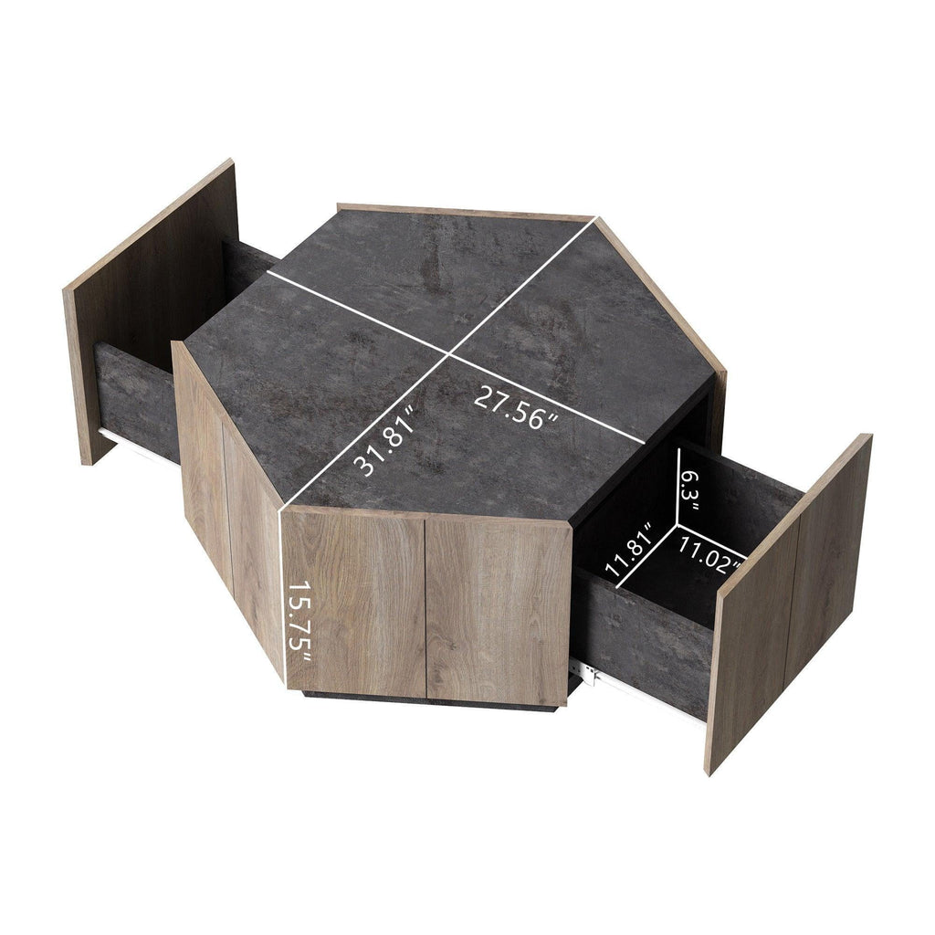 Hexagonal Coffee Table with 2 Drawers, Textured Black Warm Oak L97902