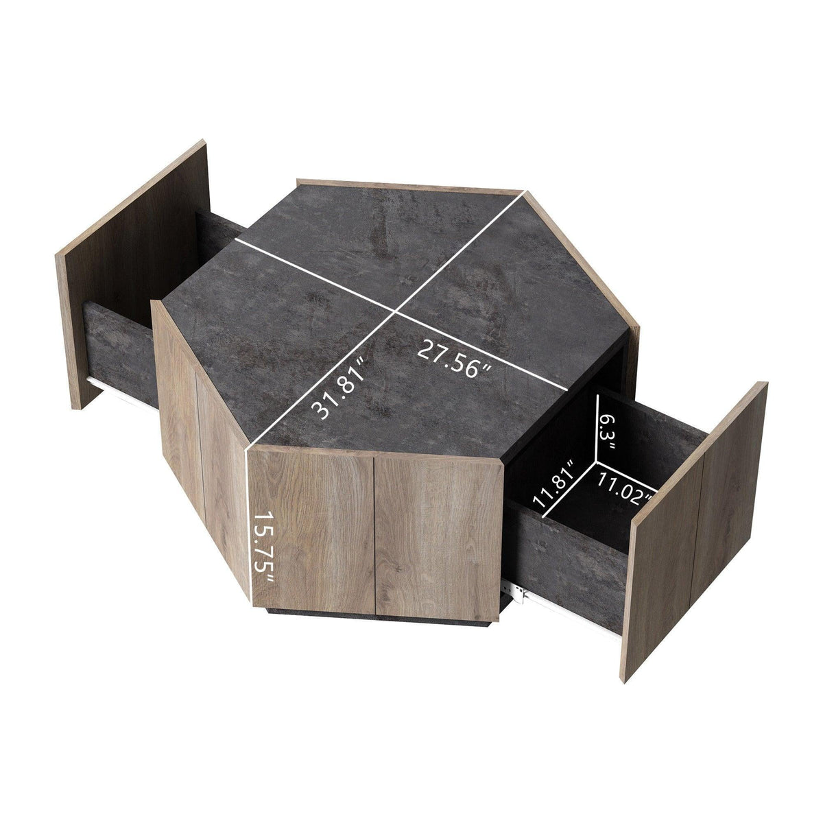 Hexagonal Coffee Table with 2 Drawers, Textured Black Warm Oak L97902