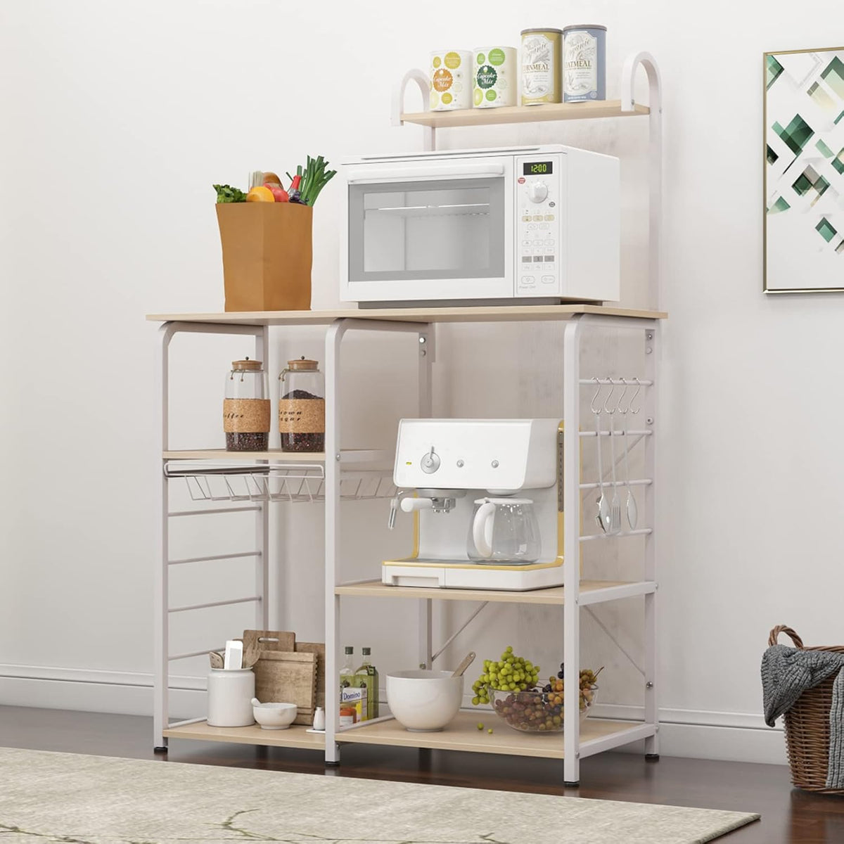 White Maple 3-Tier+4-Tier Kitchen Storage Shelf Microwave Stand 35.4 inch Workstation Shelf M718684