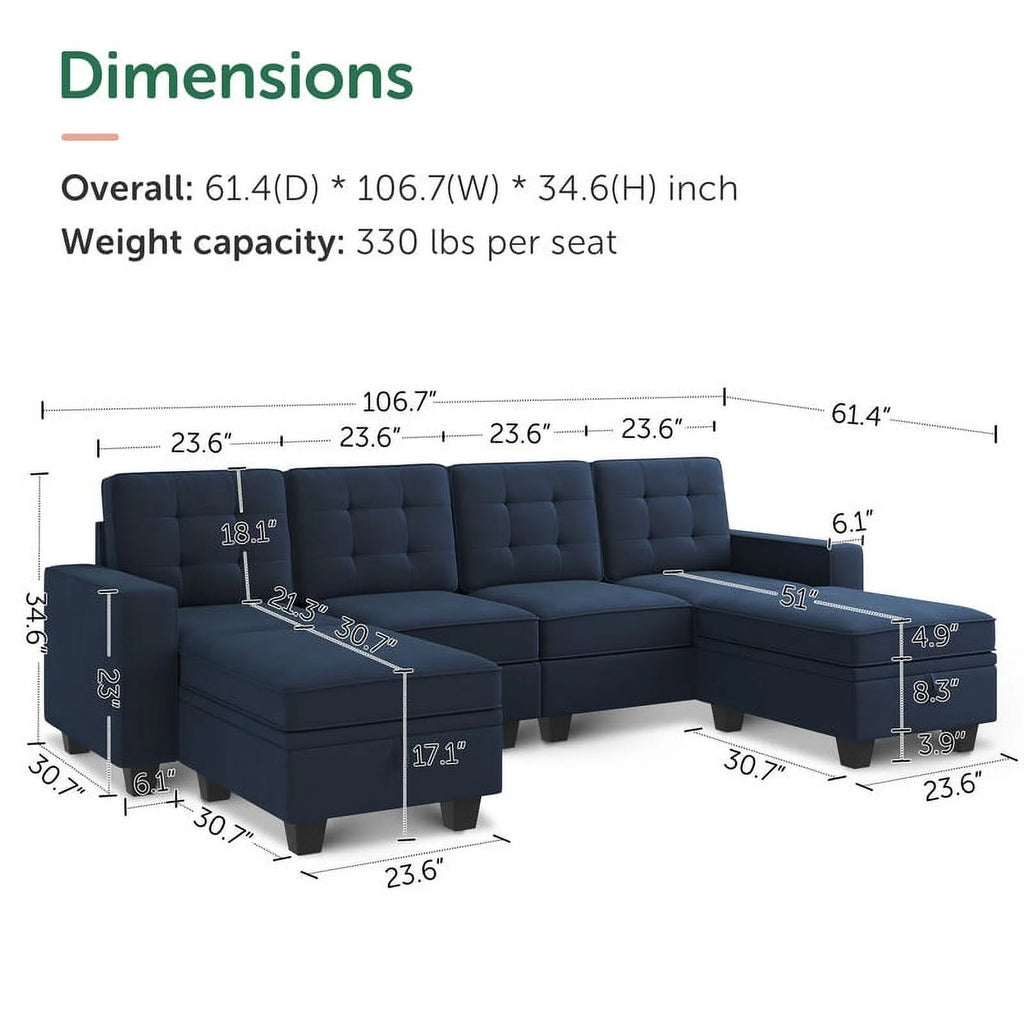 Dark Blue U-Shaped Sectional Sofa with Reversible Chaises and Storage Ottomans Z404