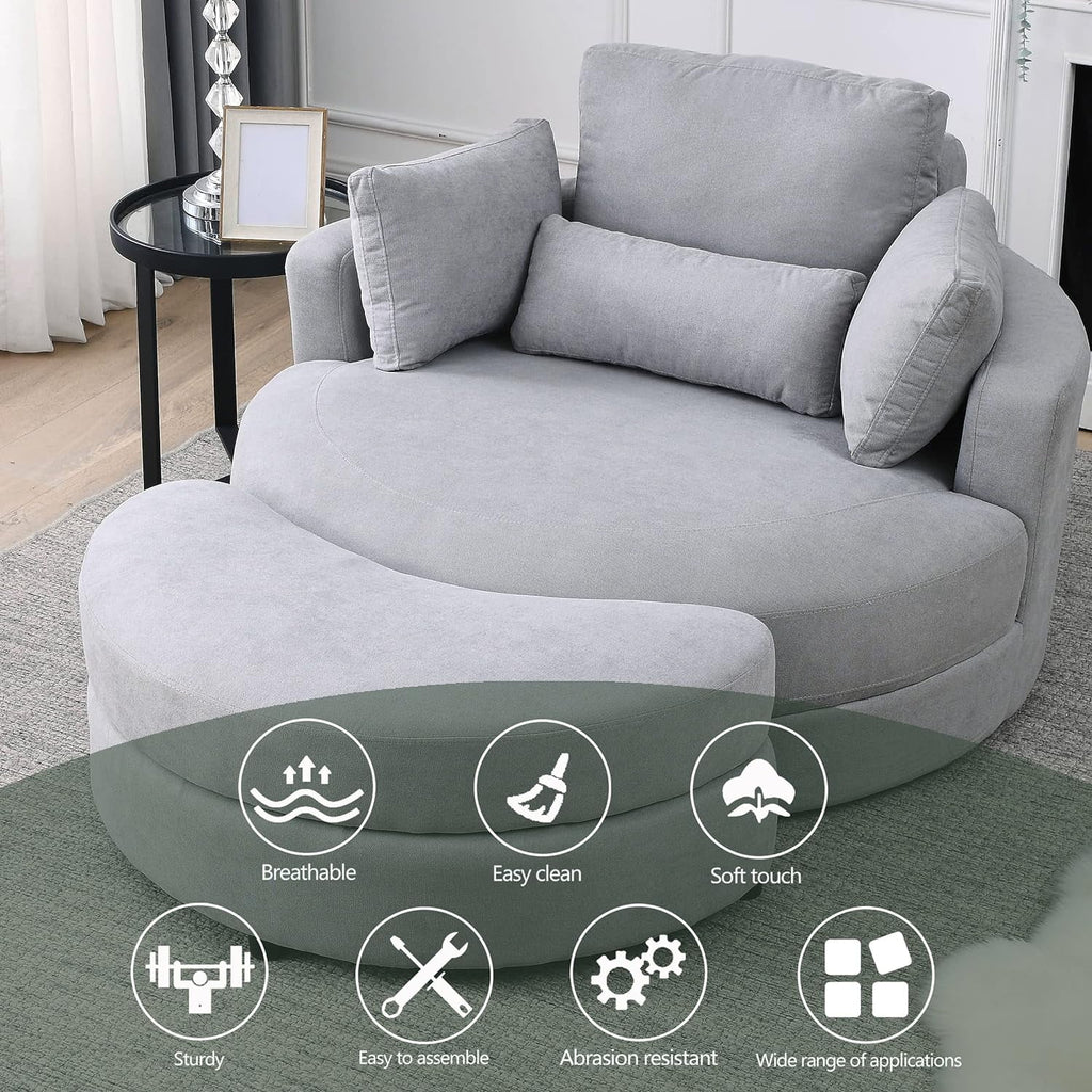 Light Gray Linen Fabric Swivel Chair with Ottoman and 4 Pillows O30696