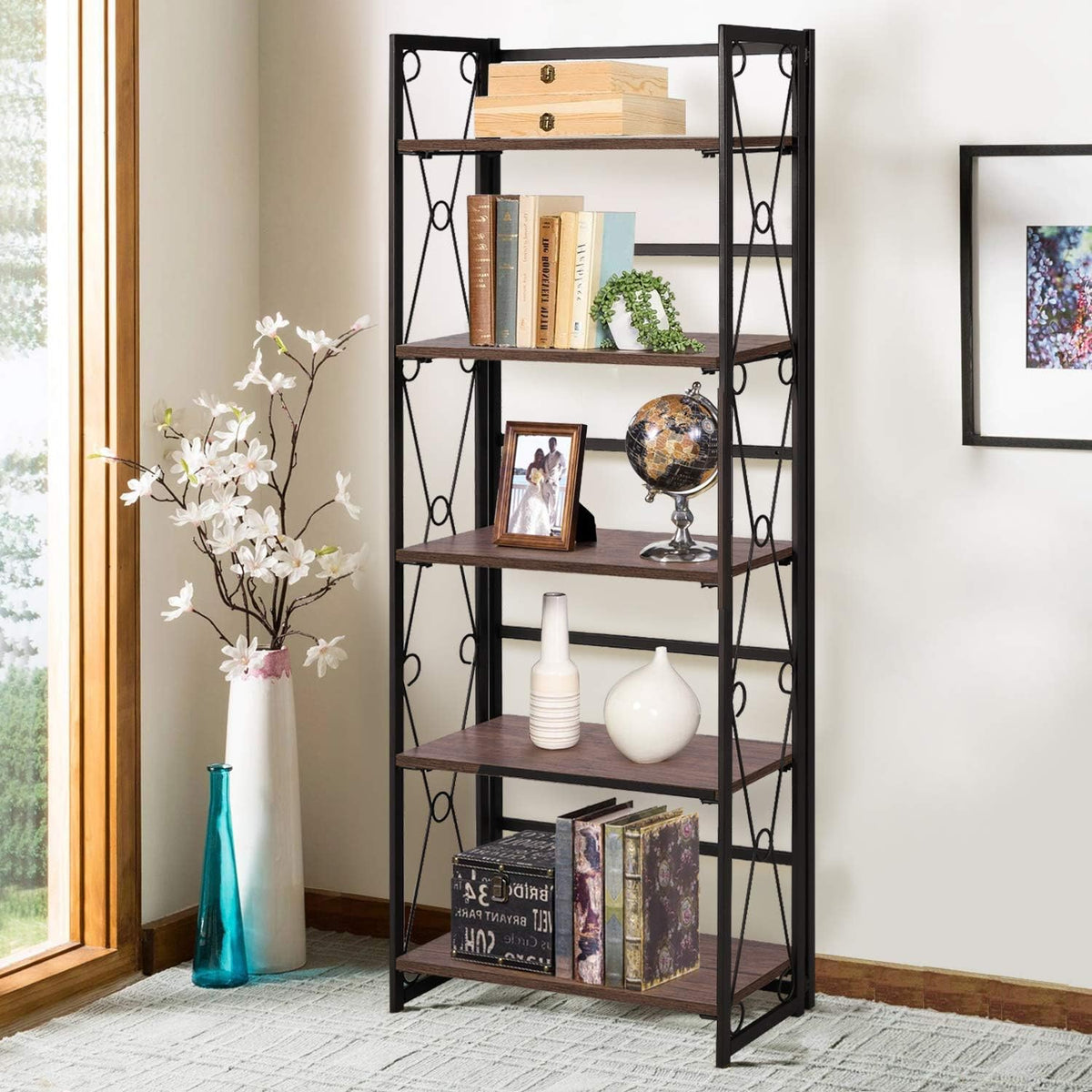 5 Shelf Folding Bookcase with Metal Frame X837934