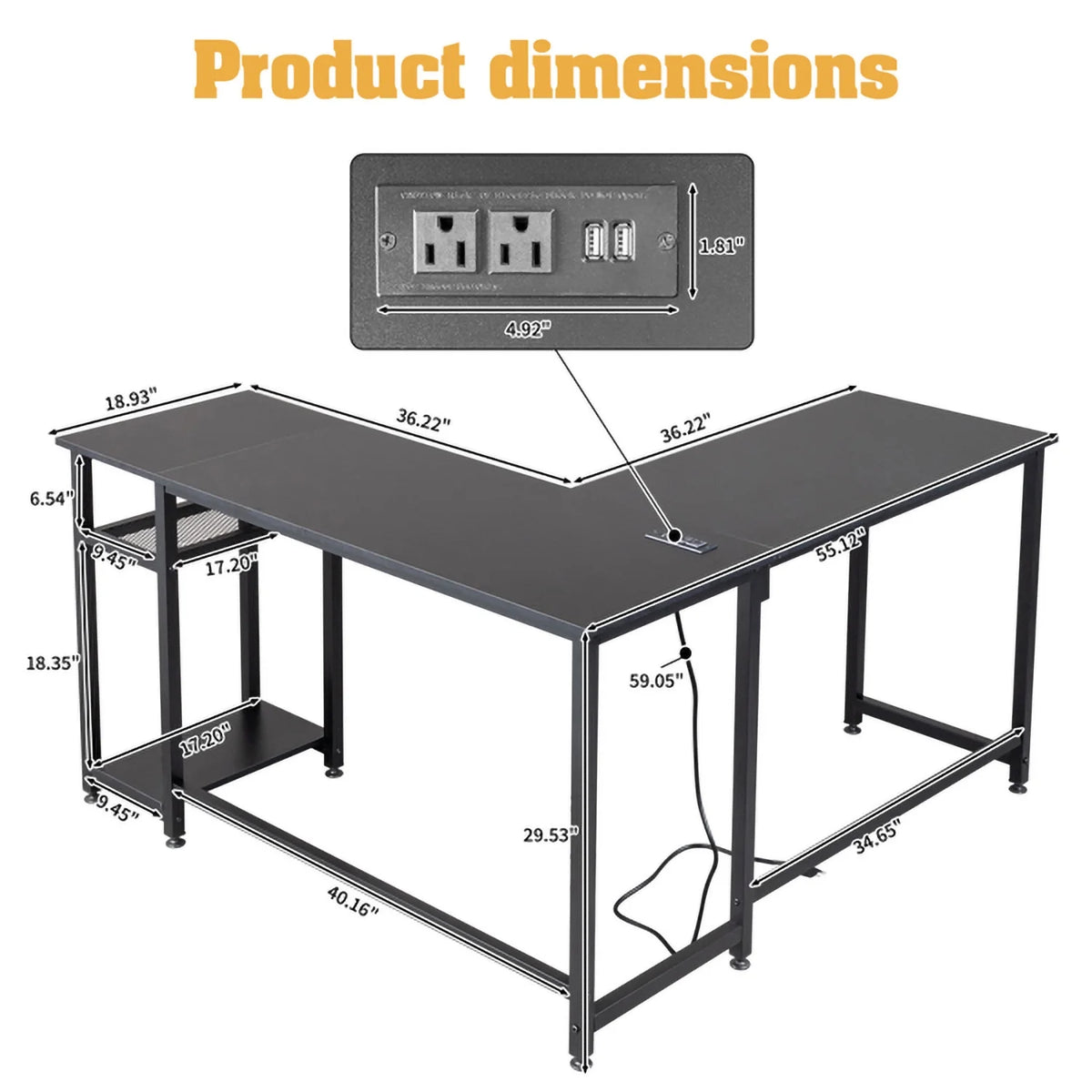 L-Shaped Computer Desk with Power Outlets & Shelf T2178