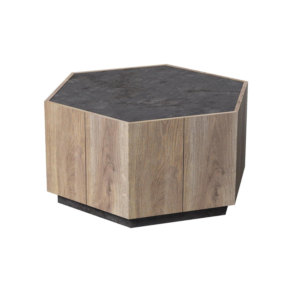 Hexagonal Coffee Table with 2 Drawers, Textured Black Warm Oak L97902
