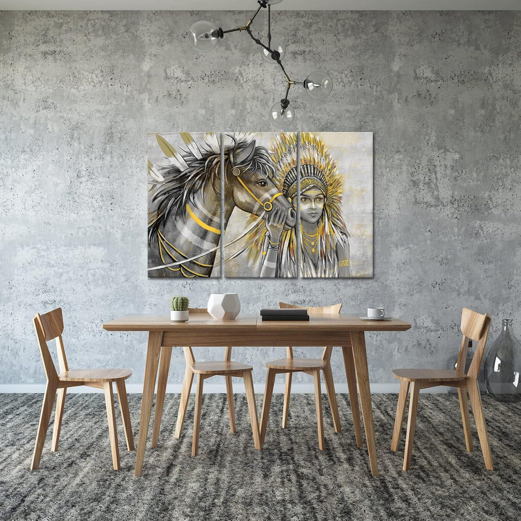 Set of 3 Canvas Painting Native American Women with Horse Feathers Headdress Poster Artwork Framed H484