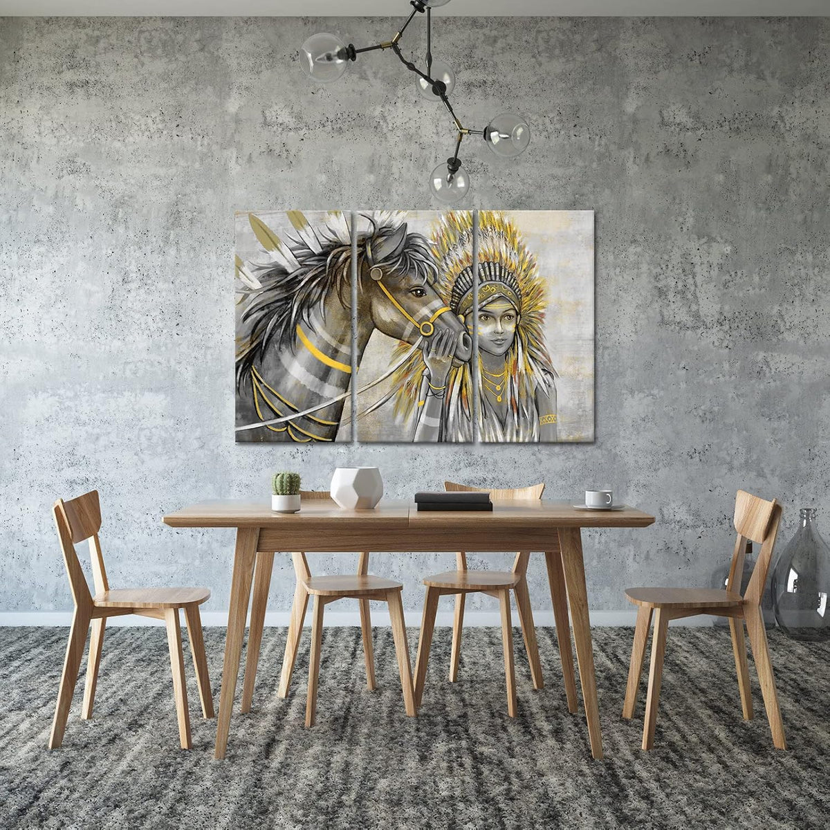 Set of 3 Canvas Painting Native American Women with Horse Feathers Headdress Poster Artwork Framed H484