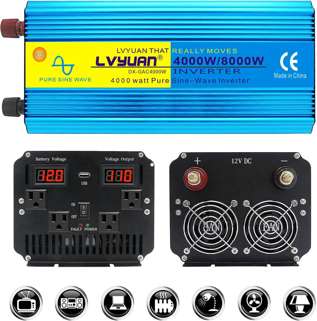 1000W Pure Sine Wave Car Power Inverter Dual AC Outlets Dual USB Charging Ports Pack of 2 V140018
