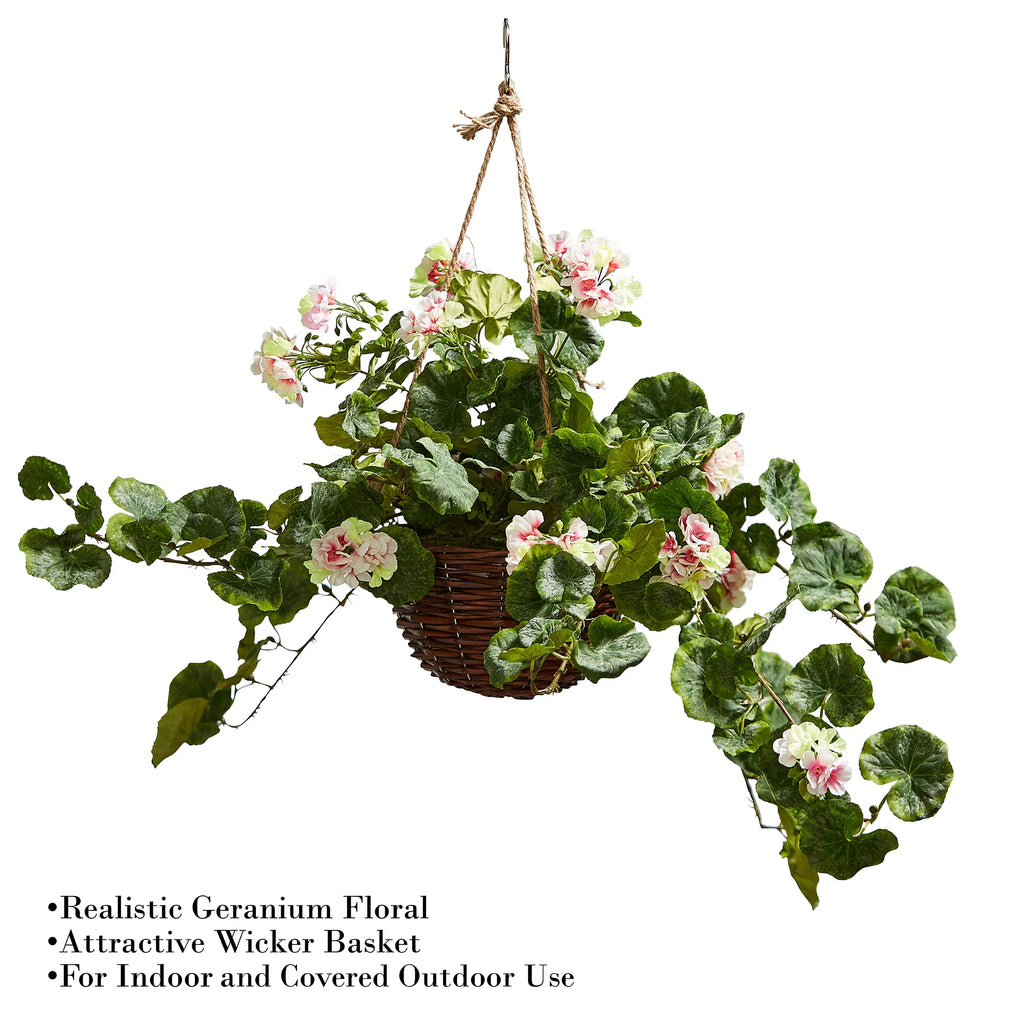 Light Pink Geranium Hanging Faux Flowers with Basket C809444