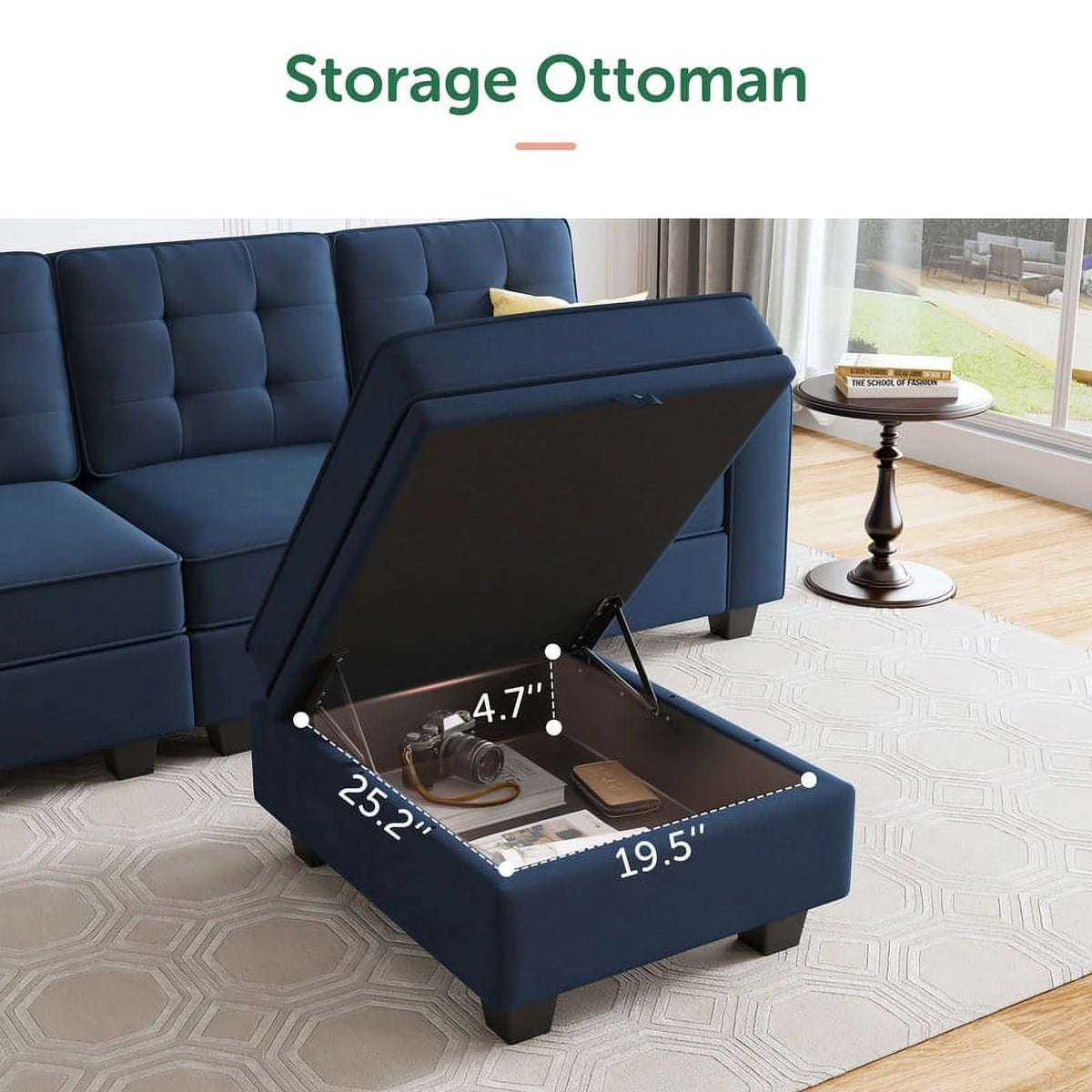 Dark Blue U-Shaped Sectional Sofa with Reversible Chaises and Storage Ottomans Z404