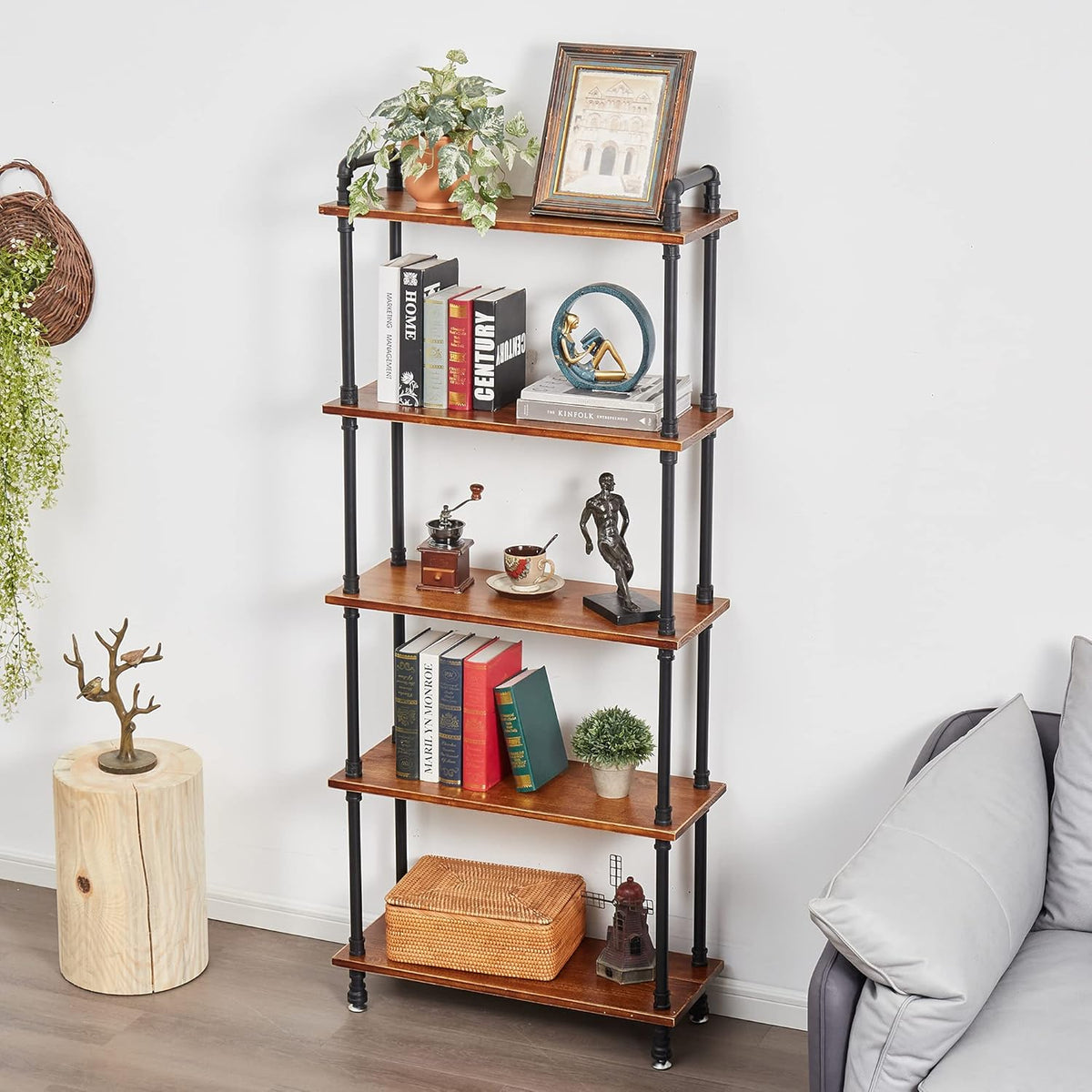 3 Tier Solid Wood Iron Pipe Bookshelf I3146