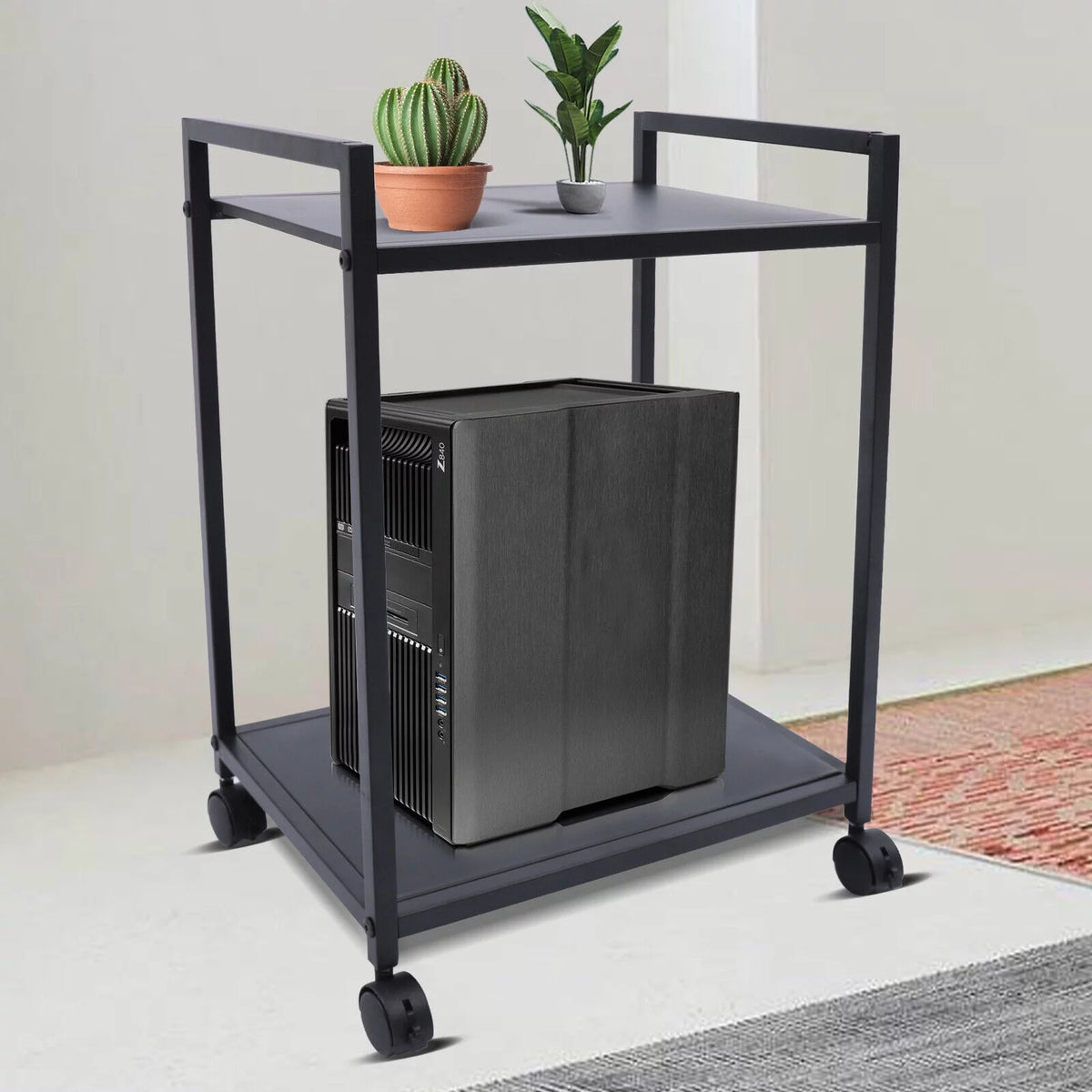 2-Tier Computer Tower Stand with Lockable Wheels K5236