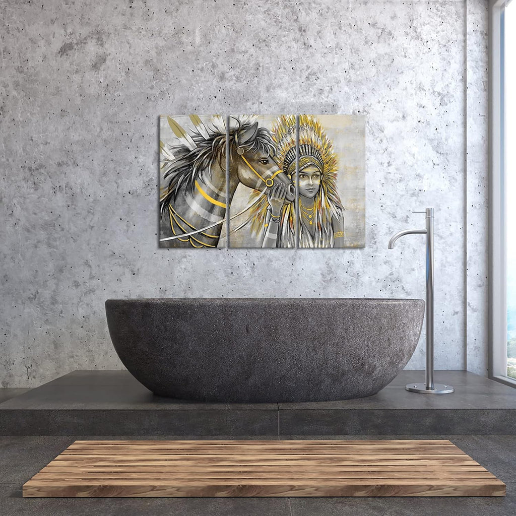 Set of 3 Canvas Painting Native American Women with Horse Feathers Headdress Poster Artwork Framed H484