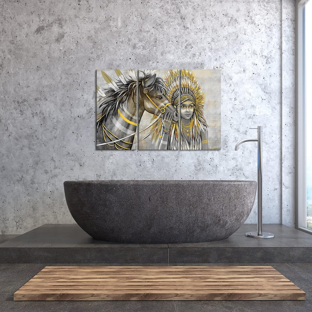 Set of 3 Canvas Painting Native American Women with Horse Feathers Headdress Poster Artwork Framed H484
