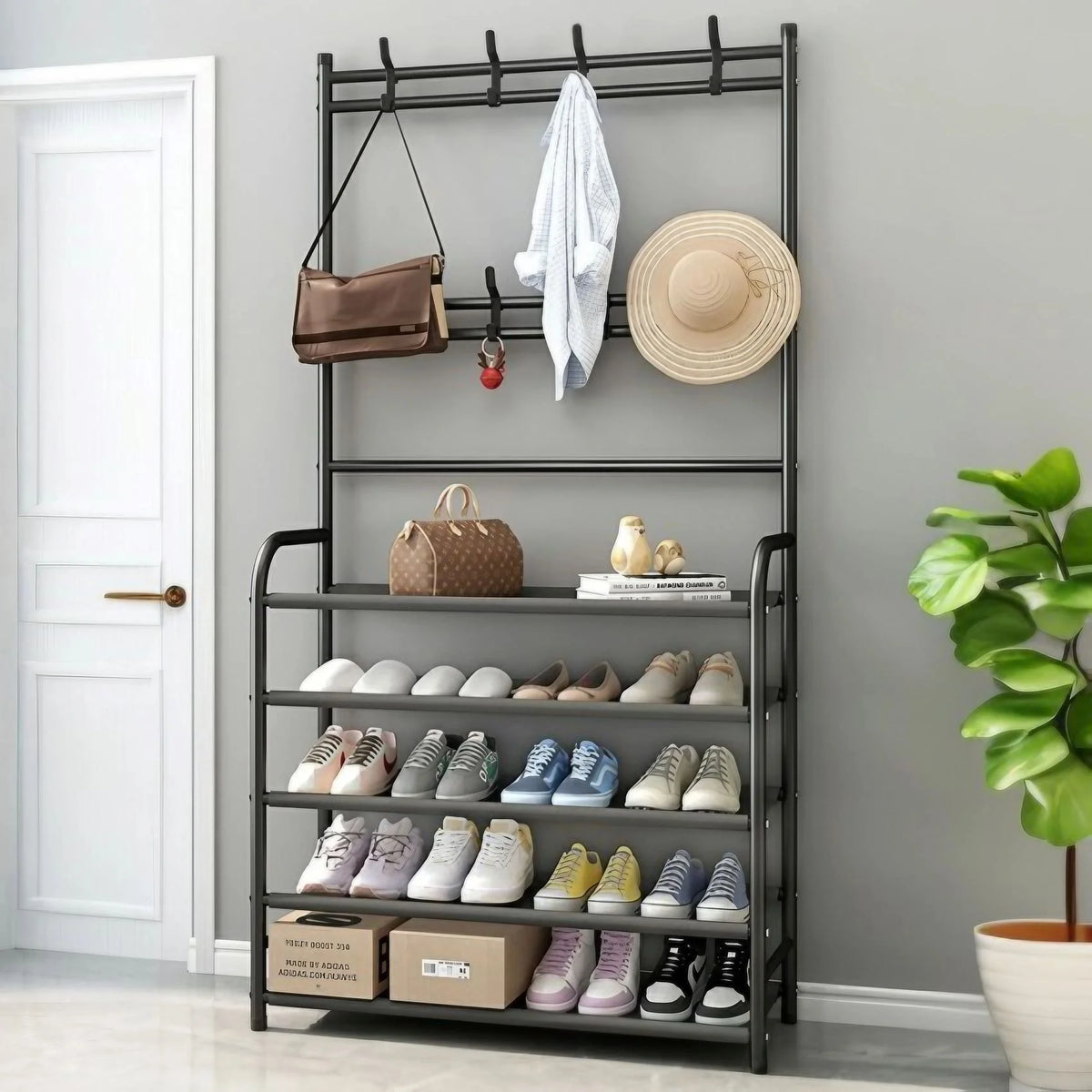 3-in-1 Metal Coat Rack with Shoe Storage, 5 Shelves R832825