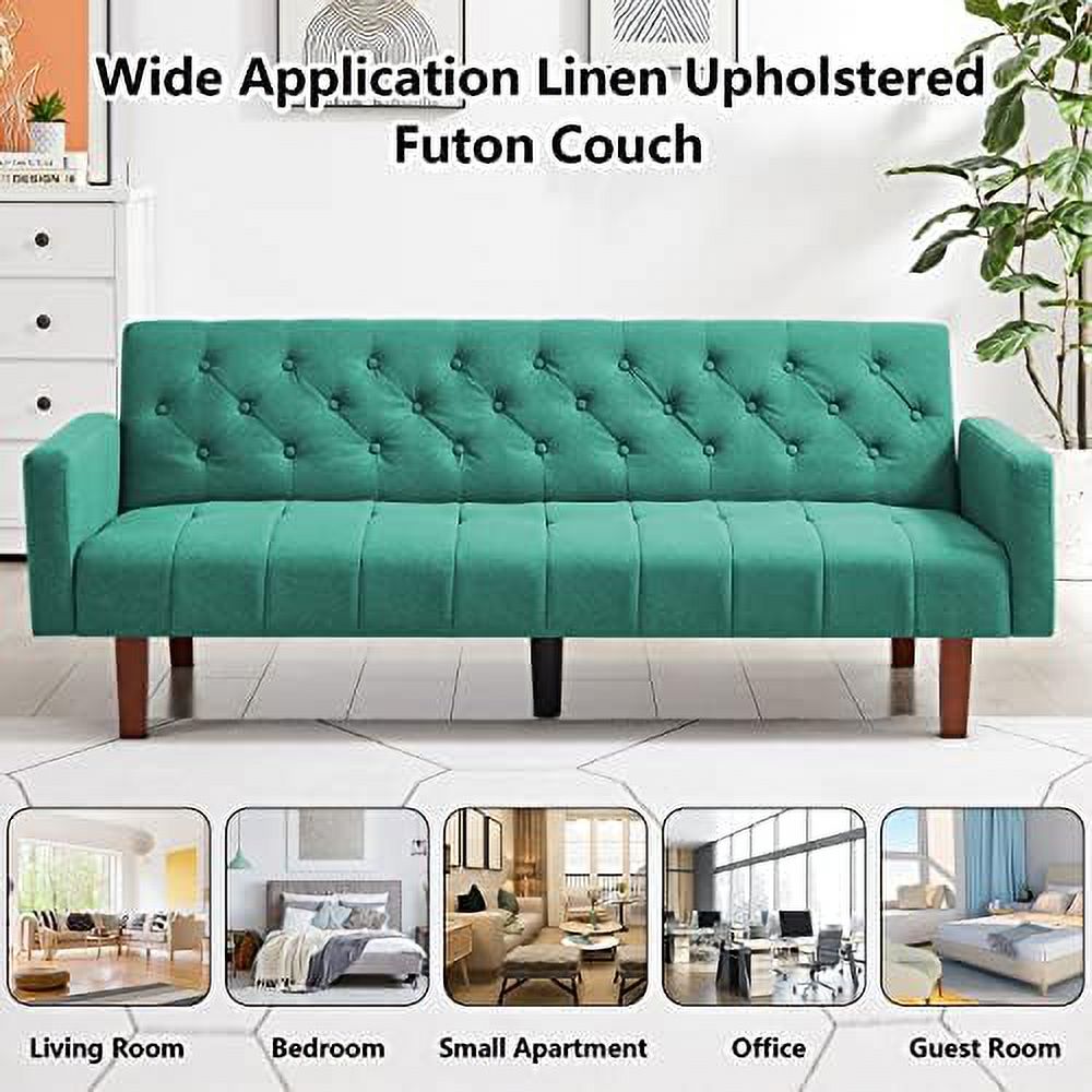 Beige Linen Upholstered Convertible Futon Sofa Bed 74" Tufted 3 Seater E39790